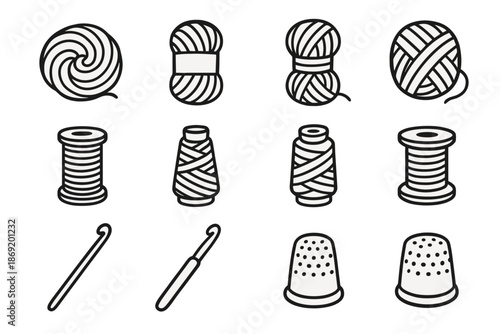 Icons studio soft thread thimble vector crochet hook wool collection spool icon