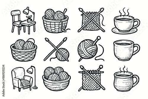 Vector cozy icons tea yarn cup studio needles basket knitting rough workspace