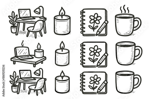Creative icons pencil icon set vector workspace relaxed mug candle ink sketchbook