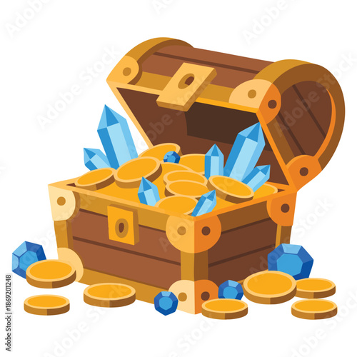 Vector illustration of pirate chest half open with golden coins and blue crystal gems ideal for hidden treasure riches reward and game design concept