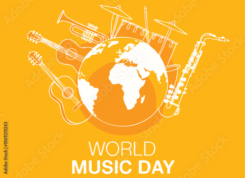 Vector illustration of planet Earth with musical instruments for World Music Day perfect for celebration poster June 21 music awareness and education