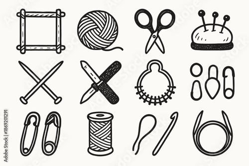 Creative stitch needles thread workshop detailed tools icons markers vector knitting studio
