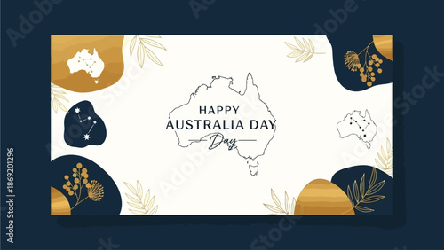 Elegant and modern illustration celebrating Australia's national day, featuring the continent's map, golden flora, and patriotic colors in a festive design