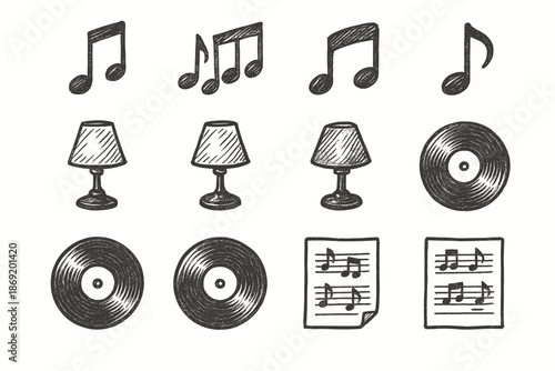 Vector record icon sheet music set soft lamp disc jazz atmosphere