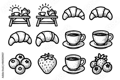Brunch cup table icon tea set picnic morning scene icons vector berries