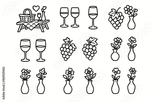 Vase grapes wine flower setup glass vector set icon picnic romantic
