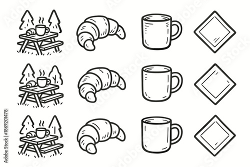 Croissant nature set napkin drawing breakfast icon picnic ink table cup vector