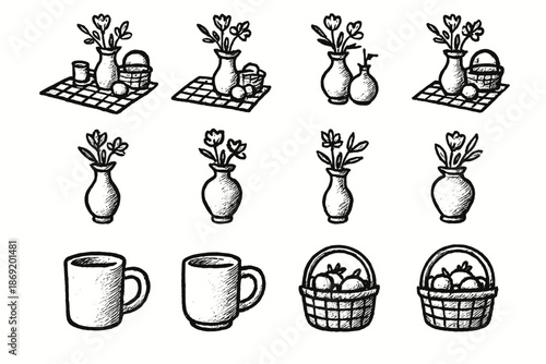 Modern vector vase composition mug icons basket icon doodle fruit picnic artistic