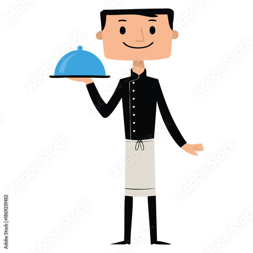 Vector illustration of professional cook in grey double breasted jacket and toque holding a covered dish perfect for culinary designs restaurant promotions or chef artwork