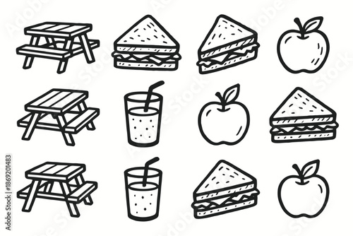 Picnic casual icons orange time apple sandwich table vector juice snack icon