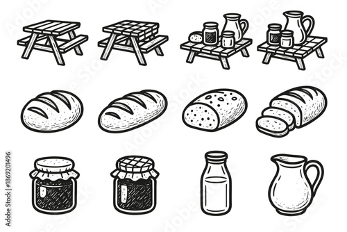 Picnic icons loaf jam vector brunch bread icon outdoor milk jug jar