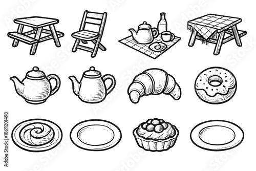 Relaxing plate setup icon rough picnic icons tea set pot vector afternoon