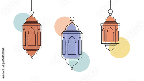Three hanging Islamic lanterns with pastel geometric shapes. Flat vector line art illustration for Ramadan or Eid decoration isolated on white background
