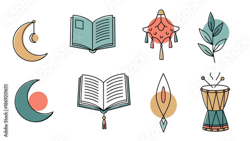 Set of 8 boho style Islamic festival icons. Ramadan crescent moon, Quran book, lantern and drum. Hand drawn pastel vector illustration isolated