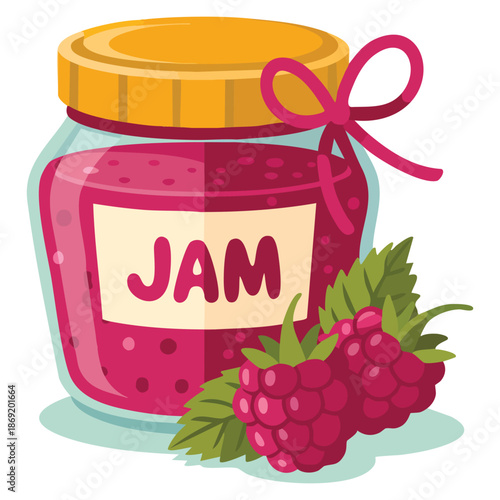 Vector illustration of raspberry jam in glass jar of berry confiture isolated on white background ideal for dessert food packaging kitchen or recipe themed artwork