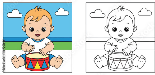 Cute Cartoon Baby Sitting and Playing a Colorful Toy Drum