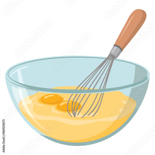 Vector illustration of raw eggs in bowl with whisk ideal for kitchen cooking baking preparation or food themed culinary artwork design
