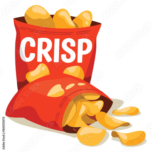 Vector illustration of red bag potato chips snacks package isolated on white background ideal for food product packaging label or snack themed artwork