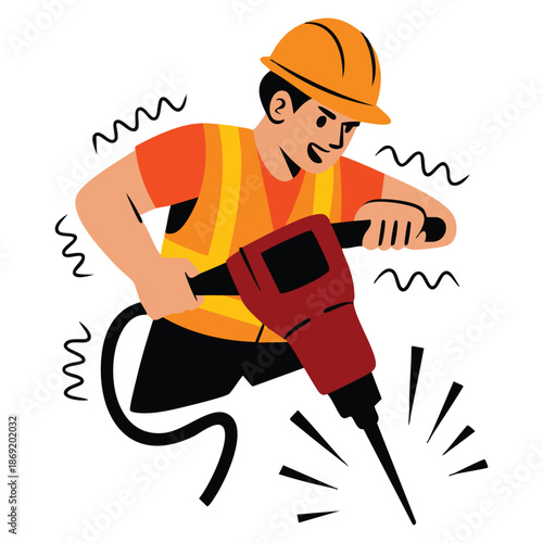 Vector illustration of road worker using jackhammer wearing headphones ideal for construction site series industrial safety and labor themed creative artwork