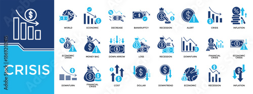 Crisis icon set collection. Containing increase, loss, progress, efficient, globe, out, bankruptcy .Solid vector icons collection