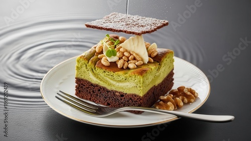 Artistic matcha green tea layered dessert square with chocolate base, topped with pine nuts and a chocolate shard, set against a dark background with water ripple effect