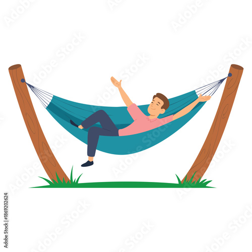 Vector illustration of smiling man lying in hammock sleeping ideal for relaxation outdoor leisure summer nature or vacation themed design