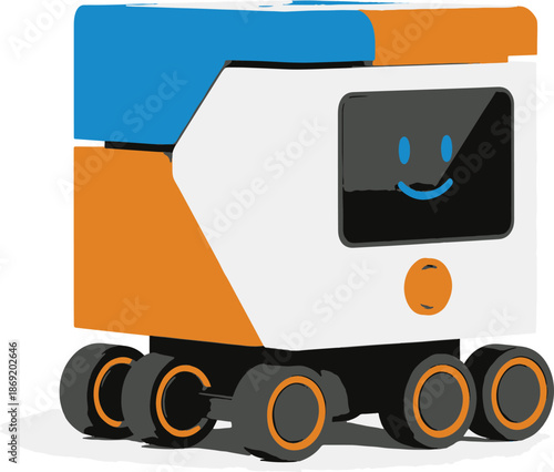 Cartoon robot with smiling face and wheels isolated on transparent background