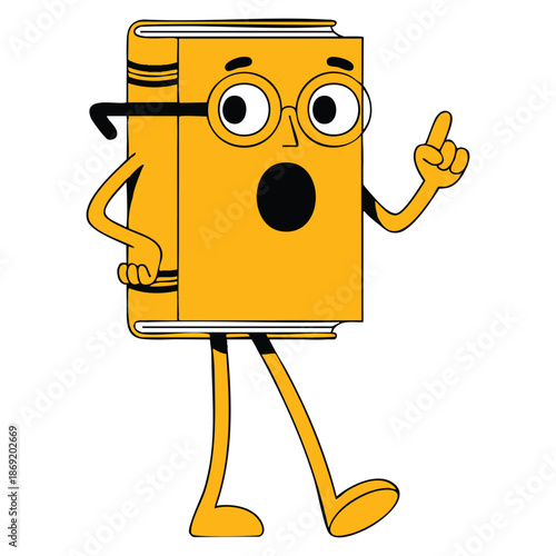 Vector illustration of speaking book cartoon character pointing with his finger ideal for literacy, learning, education, and creative knowledge themed artwork