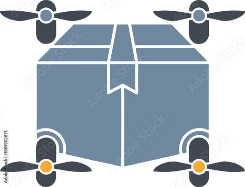 Delivery box with drones flying around it for shipping and logistics purposes