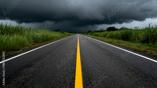 A long straight road stretches into the distance under a dark stormy sky, flanked by tall grass and vegetation.