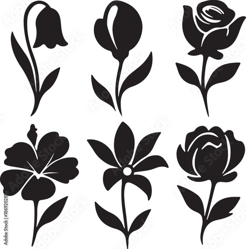 Elegant collection of diverse flower silhouettes in classic black and white style