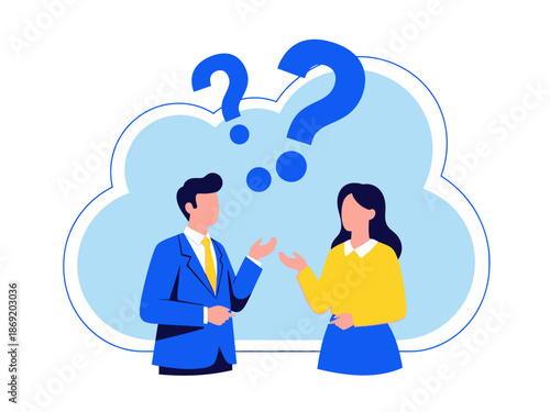 An illustration of a man and woman discussing with question marks representing uncertainty and inquiry