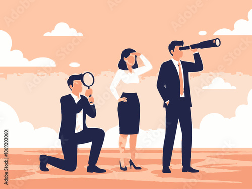 Business people searching and looking around on a peach background