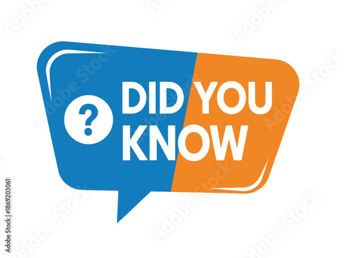 A blue and orange speech bubble with a question mark and text