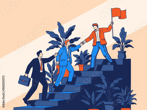 Business people climbing up the career ladder with success and teamwork