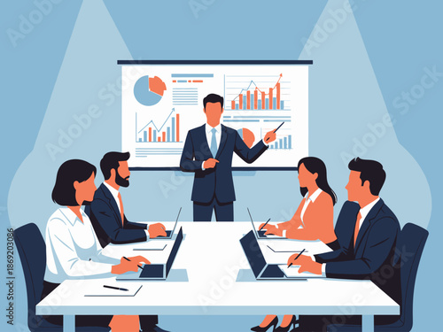 Business team meeting with presentation on screen in office setting with graphs