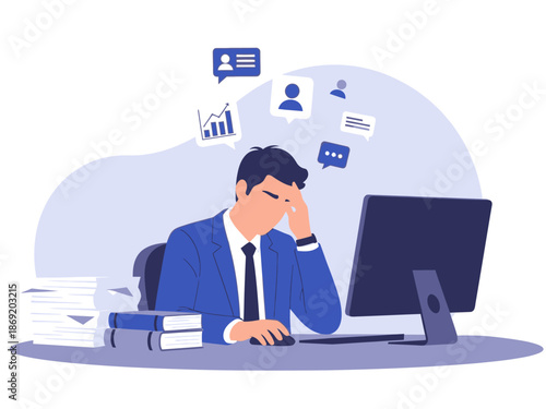 A stressed businessman sitting at his desk in front of a computer