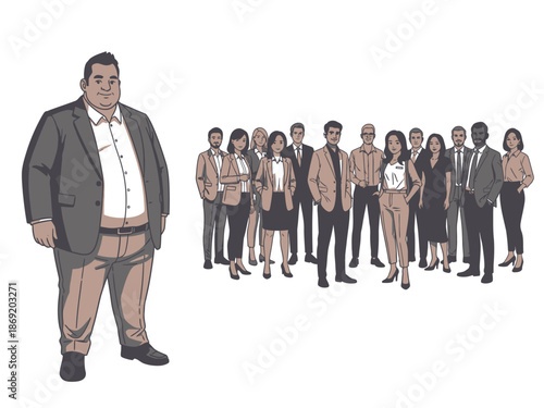 Overweight businessman standing in front of a diverse group of people