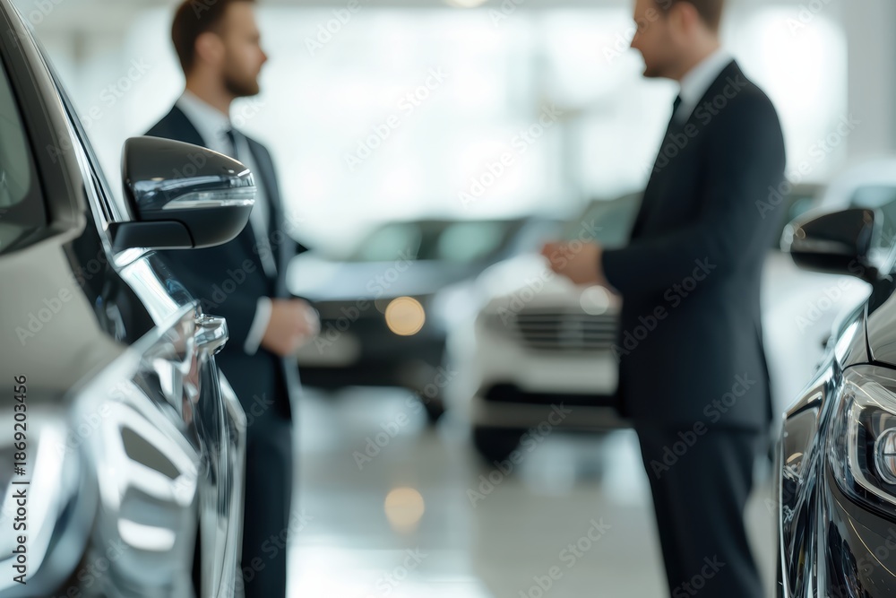 Fototapeta premium Car salesman talking with a client in a blurred showroom, focusing on the buying process and customer service