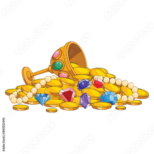 Vector illustration of treasures with golden cup luxurious crockery jewelry pearls gold coins and colorful crystals ideal for poster banner or cartoon artwork