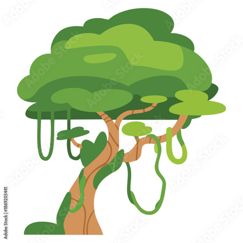 Vector illustration of tropical tree with liana hanging jungle element ideal for rainforest background landscape and tropical nature themed artwork
