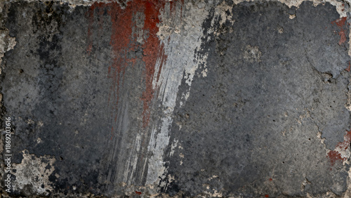 Weathered concrete surface with peeling paint and rust stains