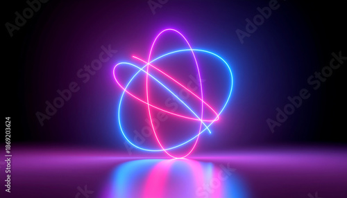 Neon light sphere glowing with pink and blue colors on reflective surface in dark space, creating vibrant futuristic atmosphere