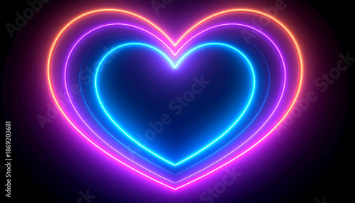 Neon heart shapes glowing in blue, purple, and orange colors on dark background creating vibrant romantic light effect