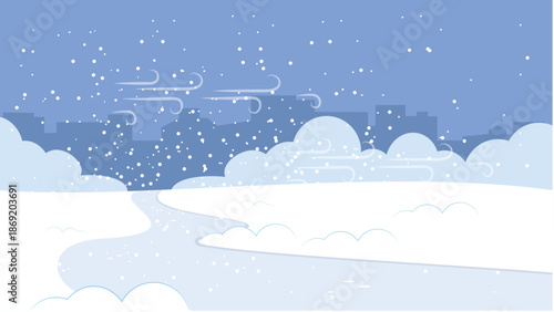 Winter city landscape illustration with falling snow, soft clouds, and a winding snowy path. Calm, minimalist scene in cool blue tones, perfect for winter backgrounds, seasonal designs, and holiday vi