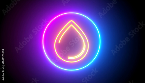 Neon glowing water drop icon with vibrant pink and blue circular light on dark background, creating futuristic and energetic atmosphere