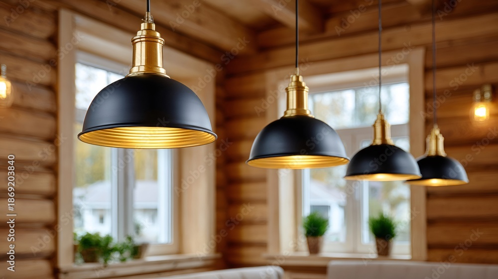 Obraz premium Industrial pendant lights hanging in rustic wooden interior