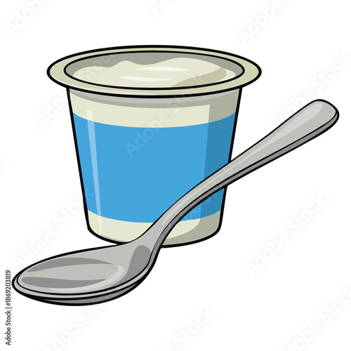 Vector illustration of white natural yogurt in plastic cup with spoon isolated on white background ideal for food packaging kitchen ingredient or dessert artwork