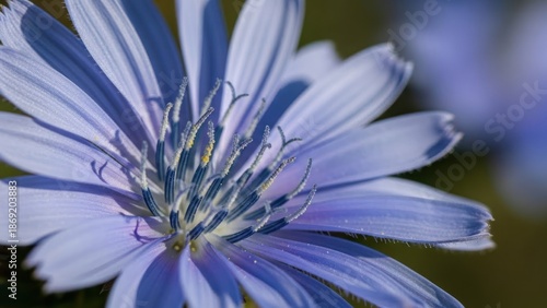 A close-up of a blue and white flower with a blurred background.