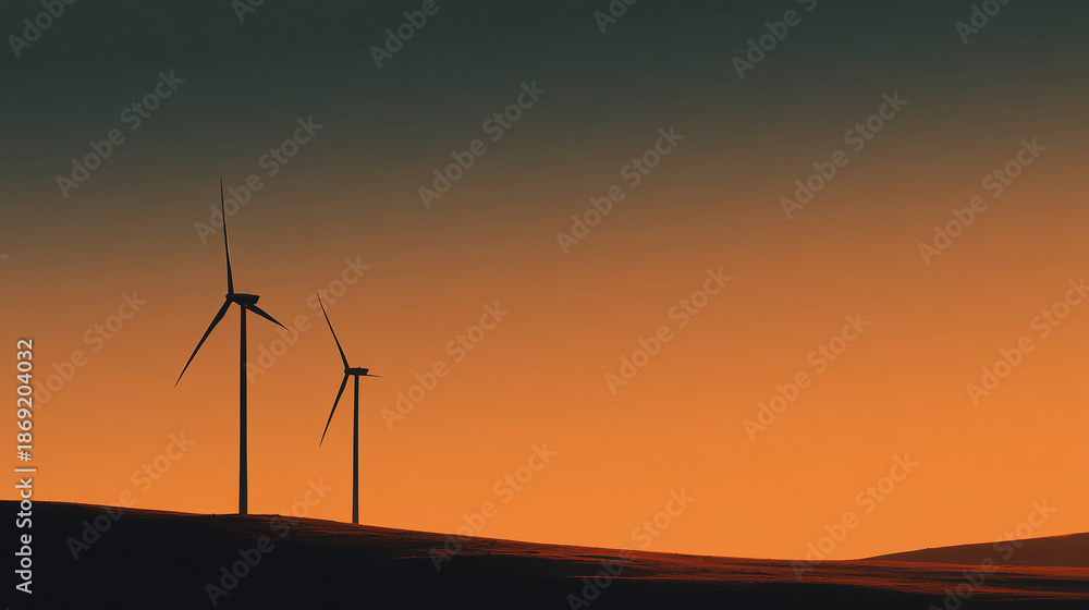 Fototapeta premium Wind turbines generating power at sunrise landscape.